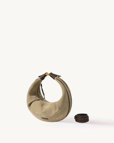 Medium Luna Hobo Bag in Dune Suede, featuring cow suede and leather details with an adjustable strap.