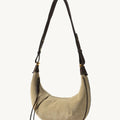 Medium Luna Hobo Bag in Dune Suede with leather strap and details.
