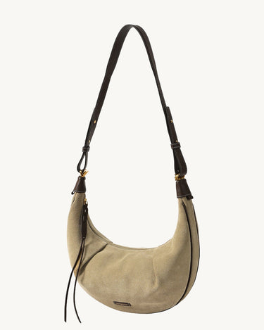 Medium Luna Hobo Bag in Dune Suede with leather strap and details.