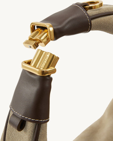 Medium Luna Hobo Bag in Dune Suede with gold-tone clasp featuring Songmont branding.