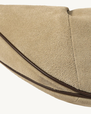 Medium Luna Hobo Bag in Dune Suede with brown leather piping, showcasing luxurious texture.