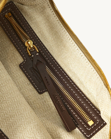 Medium Luna Hobo Bag interior with brown leather zipper pull and herringbone lining