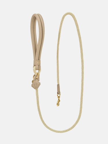 Cream apricot pure cotton and full-grain leather pet leash with zinc alloy hardware.