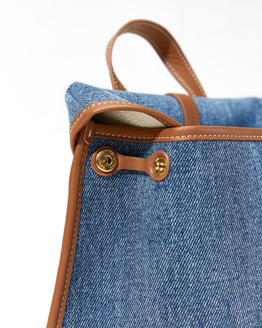 Small Shan Satchel Bag in denim with tan leather trim and gold hardware