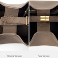Close-up comparison of Small Song Bag original vs new version in taupe leather, highlighting gold hardware and Songmont logo.