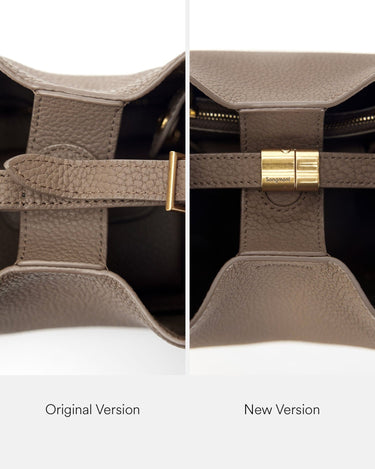 Taupe leather Small Song Bag straps comparison. Original vs. New Version with 'Songmont' clasp.