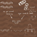 Small Yore Duffle Bag design sketch: tiger-patterned rug, tiger tooth beads, evolving to final bag structure.
