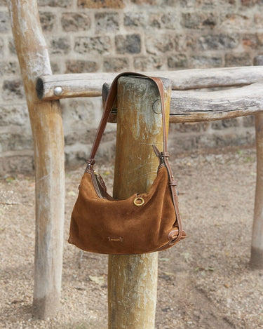 Small Yore Hobo Bag in Sandal Suede, crafted from cow suede leather with minimalist details.