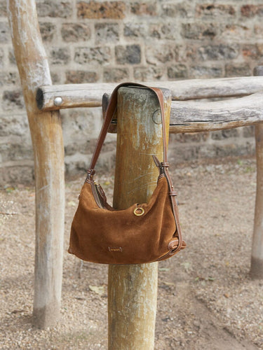 Small Yore Hobo Bag in Sandal Suede, crafted from cow suede leather with minimalist details.