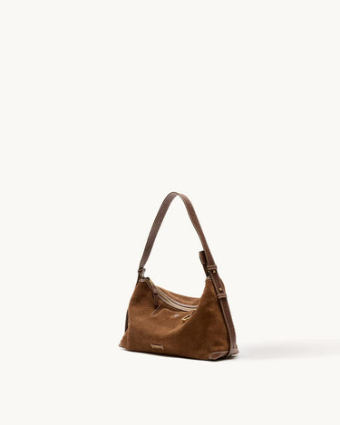 Small Yore Hobo Bag in Sandal Suede, featuring a minimalist design and adjustable strap.