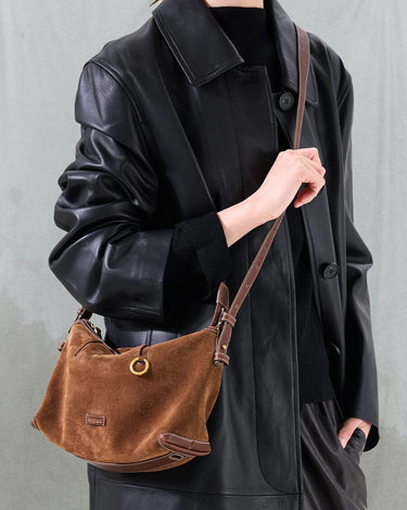 Small Yore Hobo Bag in Sandal Suede, a minimalist crossbody bag made of cow suede leather.