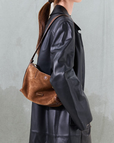Small Yore Hobo Bag in Sandal Suede, crafted from cow suede leather with vegetable-tanned leather accents.