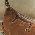 Small Yore Hobo Bag in Sandal Suede, featuring cow suede, detailed stitching, and a zippered compartment.