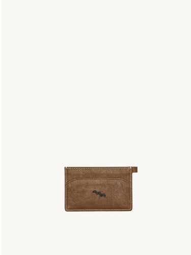 Yore Card Holder: Vegetable-tanned leather, brown, stitched edges, black embroidered logo.