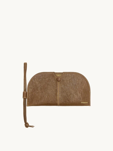 Yore Glasses Case in Sandal brown vegetable-tanned leather with snap closure and side lanyard.