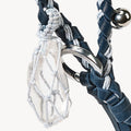 Tranquil Crystal Charm: clear crystal, macrame net, navy braided leather strap, silver ring, moonstone charm.