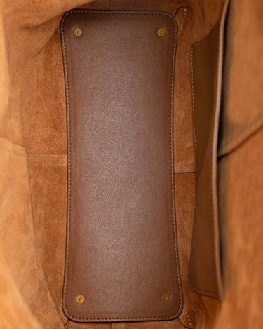 Medium Drippy Tote Bag interior, caramel cow suede leather lining, full-grain leather panel, gold hardware